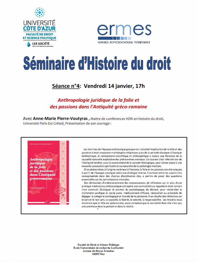 Anthropologie juridique de la folie et des passions dans l'Antiquité gréco-romaine