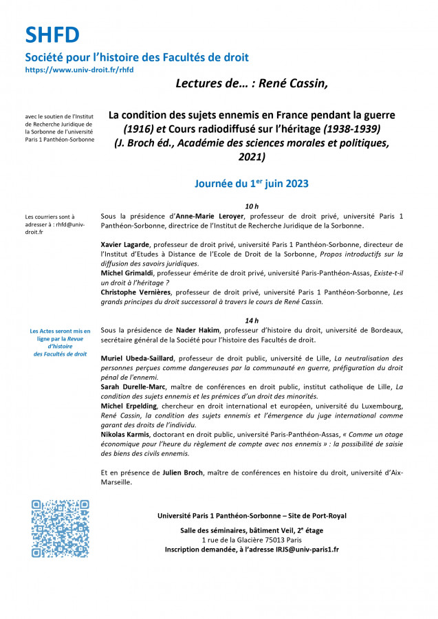 Lectures de… n° 15 : René Cassin, La condition des sujets ennemis en France pendant la guerre (1916) et Cours radiodiffusé sur l’héritage (1938-1939)